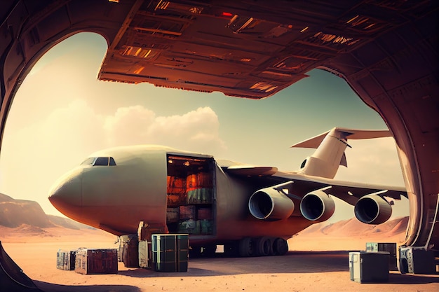 Airplane cargo transportation by plane unloading containers of boxes at the airport illustration Generative AI