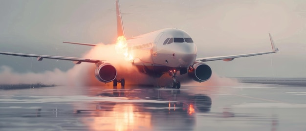 An airplane catches fire on the runway creating a dramatic scene with smoke billowing and flames contrasting against a cloudy backdrop