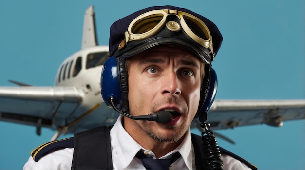 Photo airplane caucasian pilot isolated on blue background