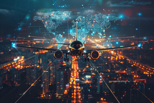 Airplane Over City with Digital World Map Highlighting Global Trade and Transportation Dynamics