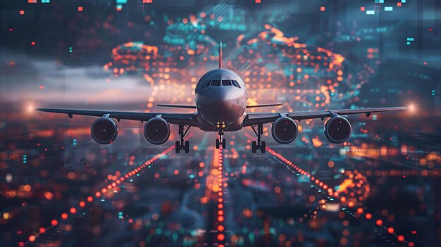 Photo airplane over city with digital world map highlighting global trade and transportation dynamics