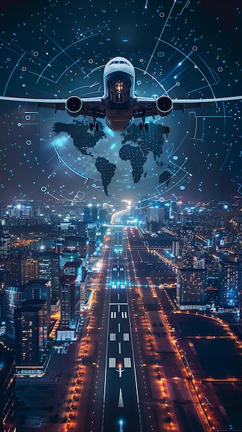 Airplane Over City with Digital World Map Highlighting Global Trade and Transportation Dynamics