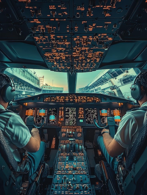 Photo airplane cockpit with pilots preparing for takeoff