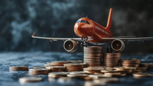 Photo airplane on coins cost of travel