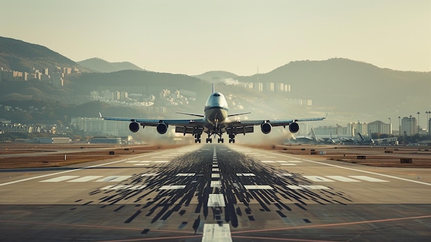 Airplane Departing from Busy Airport Runway Aerial View