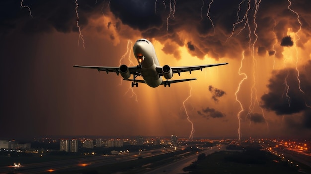 An airplane fearlessly navigates through a turbulent thunderstorm defying the forces of nature with resilience and determination AI generated