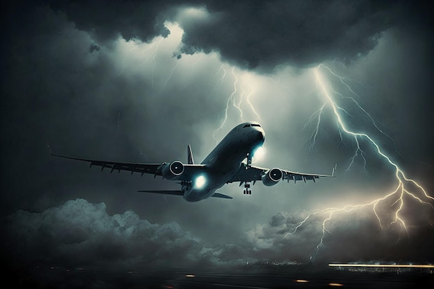 Airplane flies under heavy thunder clouds and lightning.