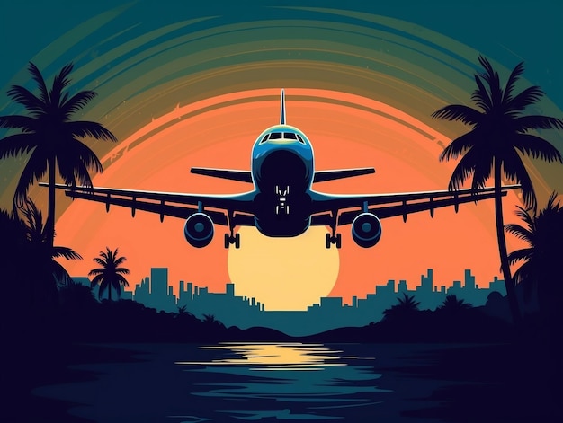 Airplane flies during sunset vector illustration