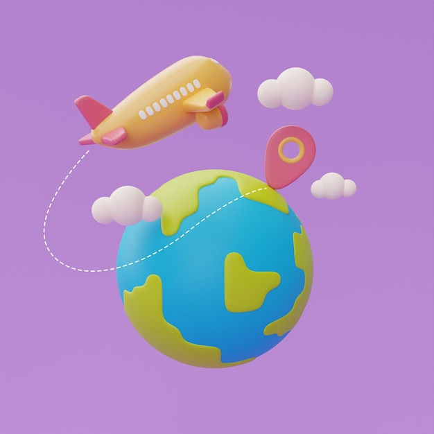 Airplane flying around the world with location pin Tourism and travel plan to trip 3d rendering