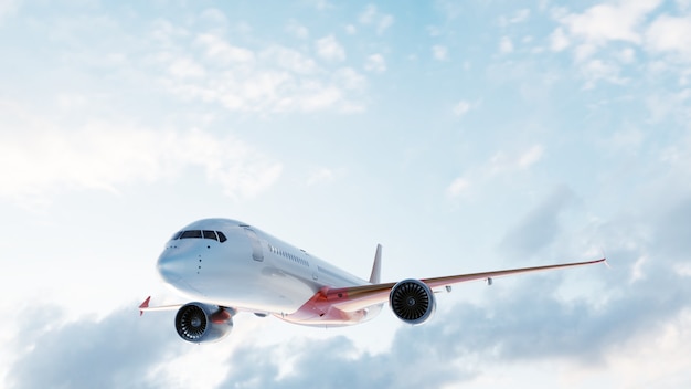 Airplane flying on blue sky.