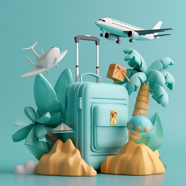 Airplane Flying Over Blue Suitcase D Travel Icon Concept