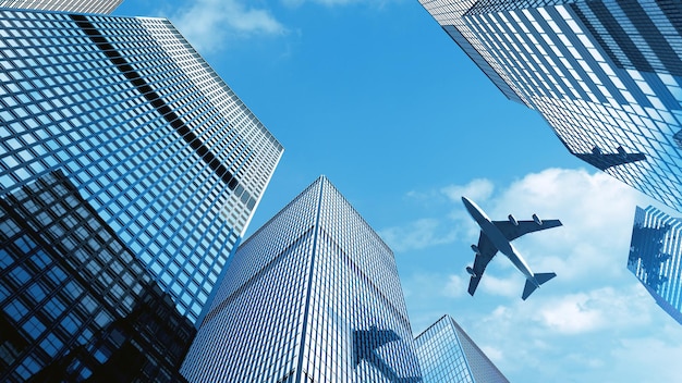 Airplane flying over building at Central Business District