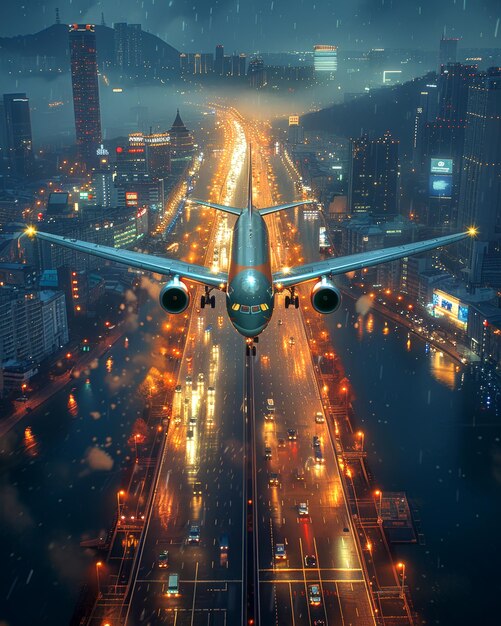 Airplane flying over a city at night