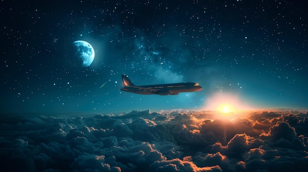 Photo airplane flying above clouds at night with stars and a crescent moon