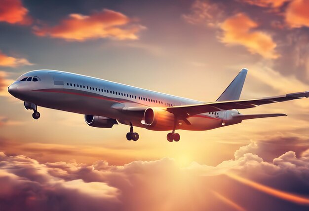 Airplane flying above the clouds at sunset with a beautiful sky in the background