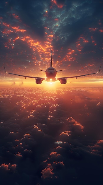 airplane flying over the clouds at sunset