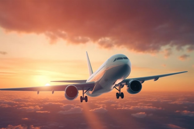 Airplane flying above the clouds at sunset