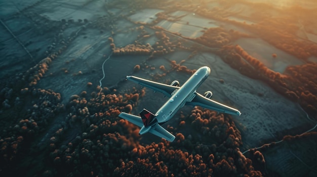 An airplane flying over a forest filled with trees Suitable for travel and naturethemed projects