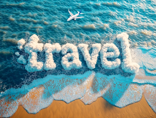 Photo airplane flying over ocean waves forming the word travel on a sandy beach ai generative