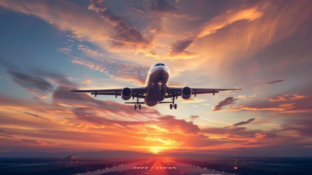 Airplane Flying Over Runway at Sunset