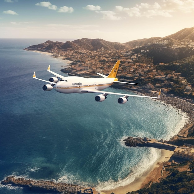 Airplane flying over the sea 3d rendering toned image