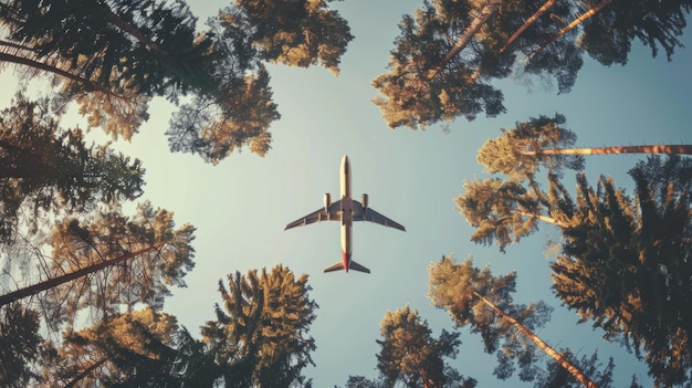 Photo airplane flying in the sky among the trees travel concept