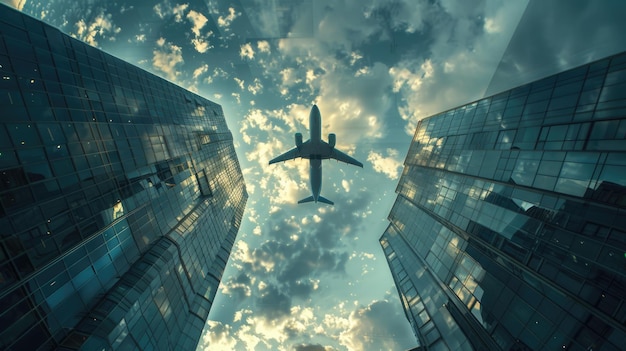 Photo airplane flying over skyscrapers with cloudy sky