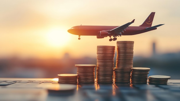 Photo airplane flying over stack of coins