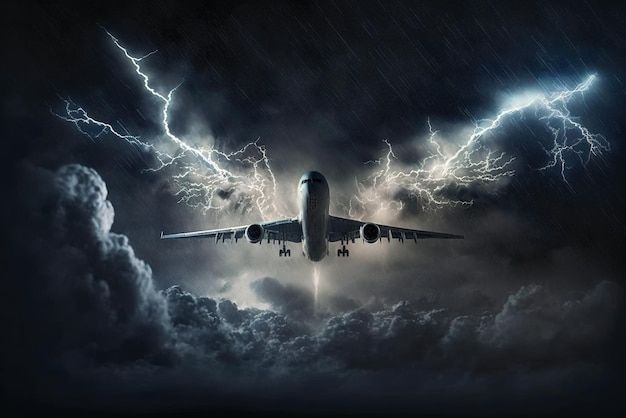 Airplane flying during storm lightning strikes to passenger plane generative AI