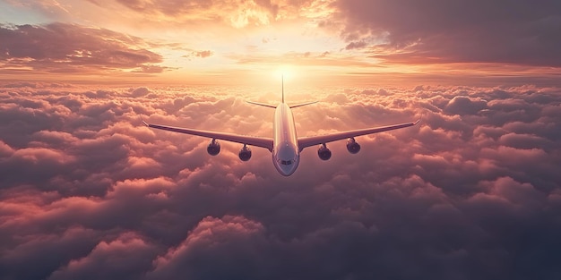 Photo airplane flying through clouds at sunset