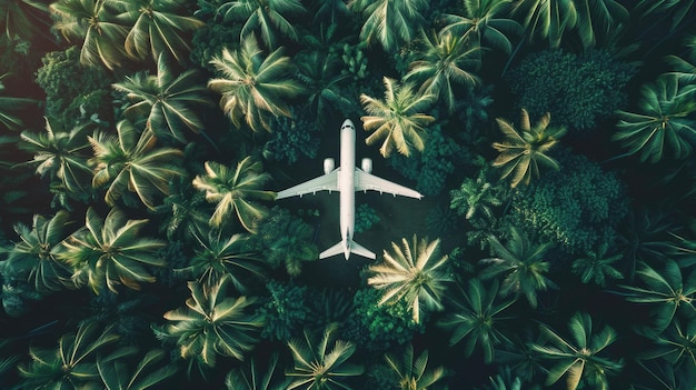 Photo airplane flying through lush palm trees