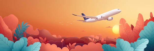 Airplane flying over tropical landscape A vibrant illustration of an airplane flying over tropical foliage at sunset evoking a sense of adventure and travel