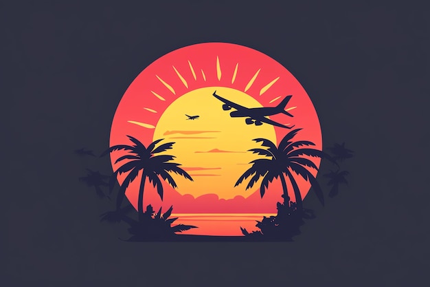 Photo airplane flying over tropical mountains at sunset with palm trees and vibrant colors symbolizing