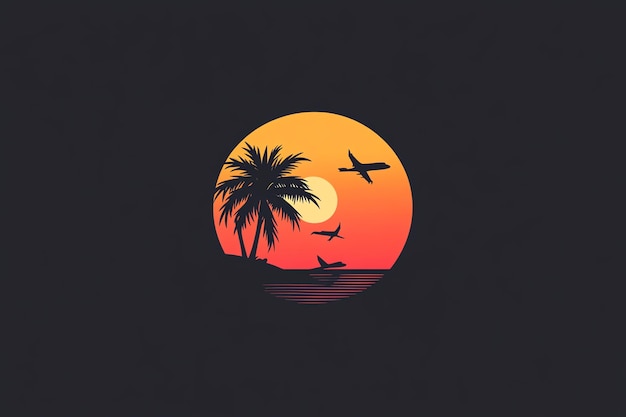 Photo airplane flying over tropical mountains at sunset with palm trees and vibrant colors symbolizing