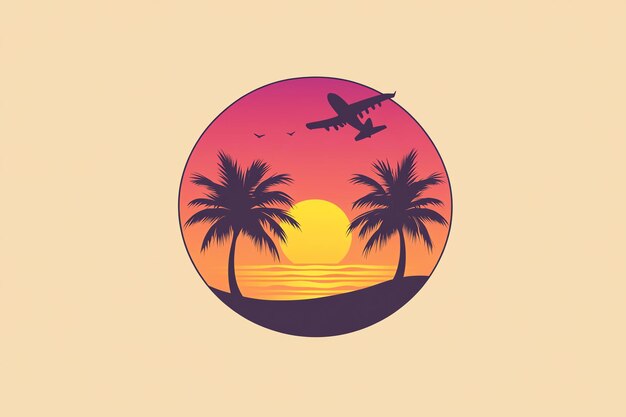 Photo airplane flying over tropical mountains at sunset with palm trees and vibrant colors symbolizing