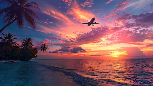 Airplane flying above tropical sea at sunset