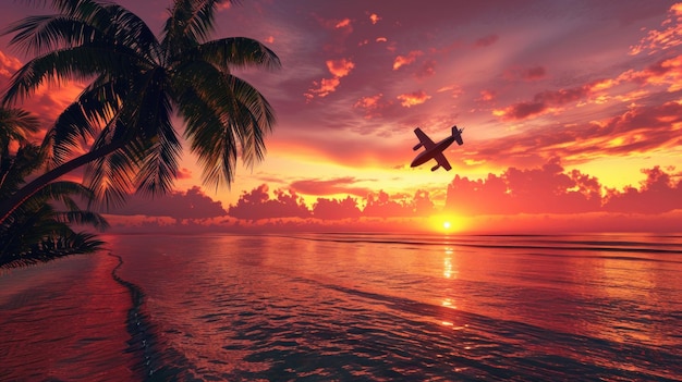 Airplane flying above tropical sea at sunset