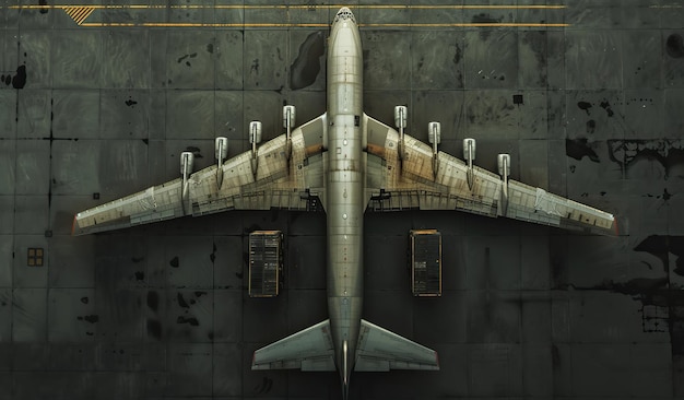 Airplane from above on a runway background The concept of aviation and transport