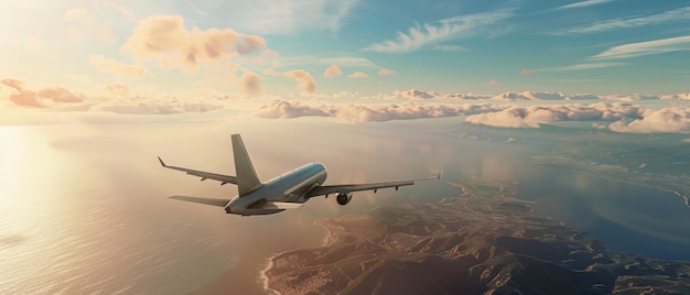 An airplane gliding over coastal terrain with a mesmerizing sunset highlighting the beauty of flight and nature