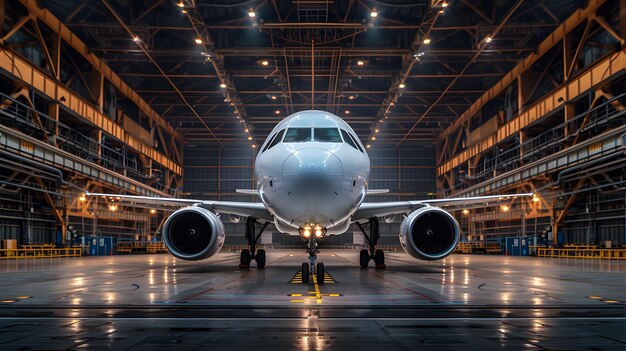 Photo an airplane in the hangar wideangle lens symmetrical composition bright lighting high contrast betwe