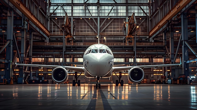 An airplane in the hangar wideangle lens symmetrical composition bright lighting high contrast betwe