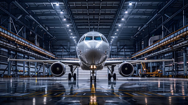 An airplane in the hangar wideangle lens symmetrical composition bright lighting high contrast betwe