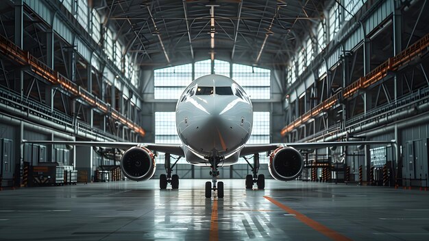 Photo an airplane in the hangar wideangle lens symmetrical composition bright lighting high contrast betwe