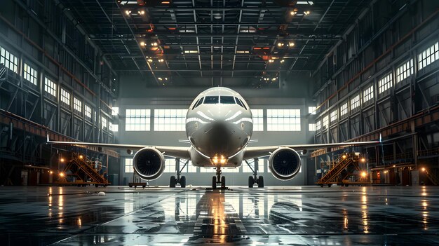 An airplane in the hangar wideangle lens symmetrical composition bright lighting high contrast betwe