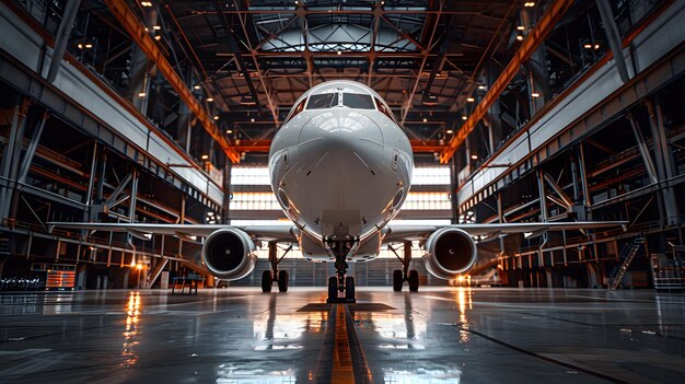 An airplane in the hangar wideangle lens symmetrical composition bright lighting high contrast betwe