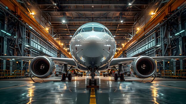 Photo an airplane in the hangar wideangle lens symmetrical composition bright lighting high contrast betwe