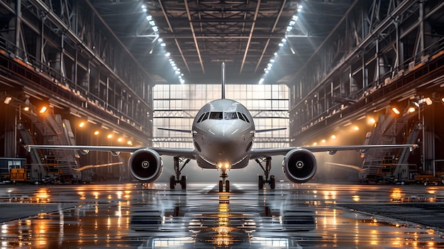 An airplane in the hangar wideangle lens symmetrical composition bright lighting high contrast betwe