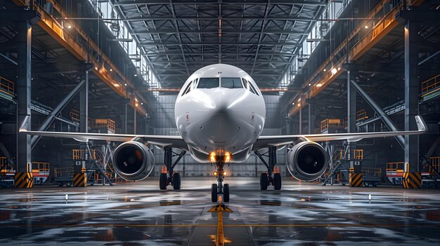 An airplane in the hangar wideangle lens symmetrical composition bright lighting high contrast betwe