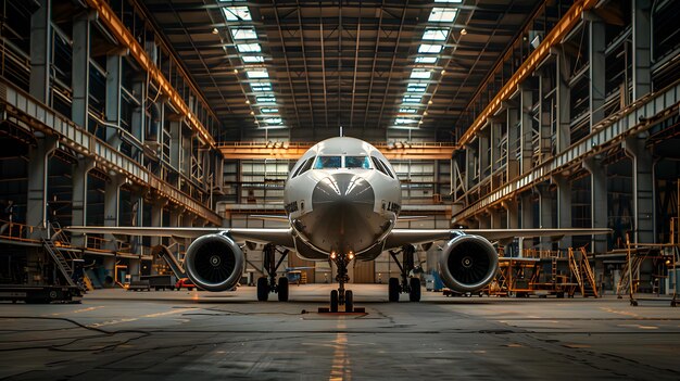 Photo an airplane in the hangar wideangle lens symmetrical composition bright lighting high contrast betwe