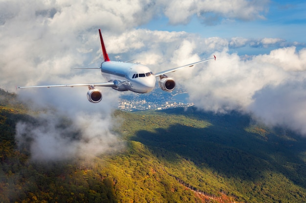 Airplane is flying in clouds over mountains with forest at sunset